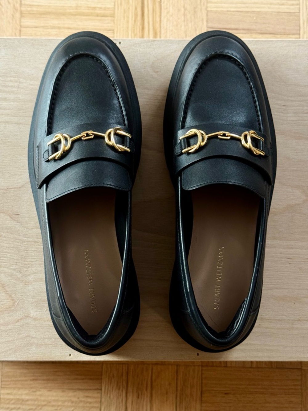 Stuart Weitzman Black Leather Lug Sole Loafers Gold Hardware – NEW